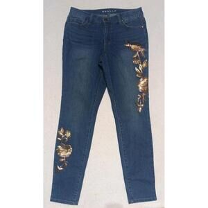 Hannah Straight Leg Embroidered Gold Flowers Medium Wash Size 6 Womens Jeans